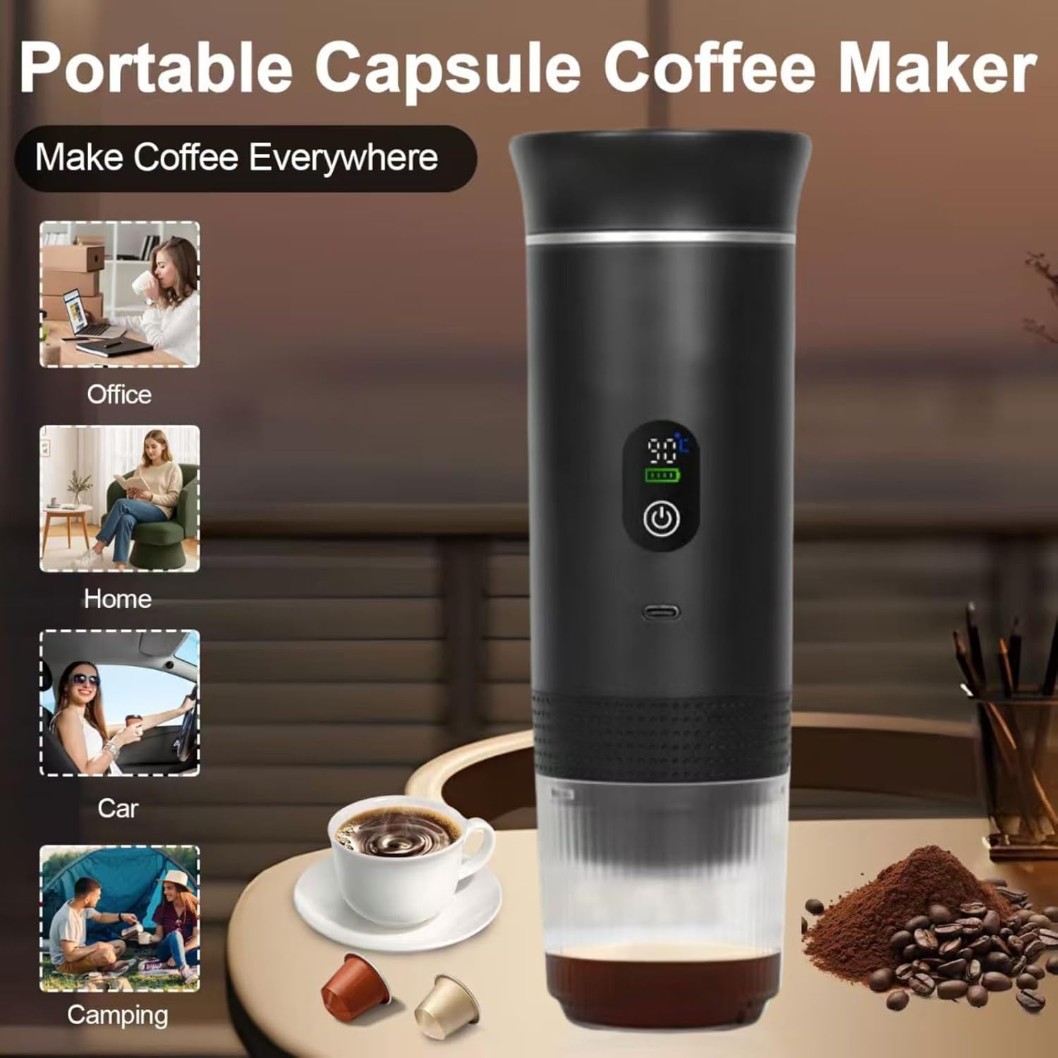 Black 3-in-1 Portable Espresso Maker with Self-Heating and One-Touch Cold Hot view 2