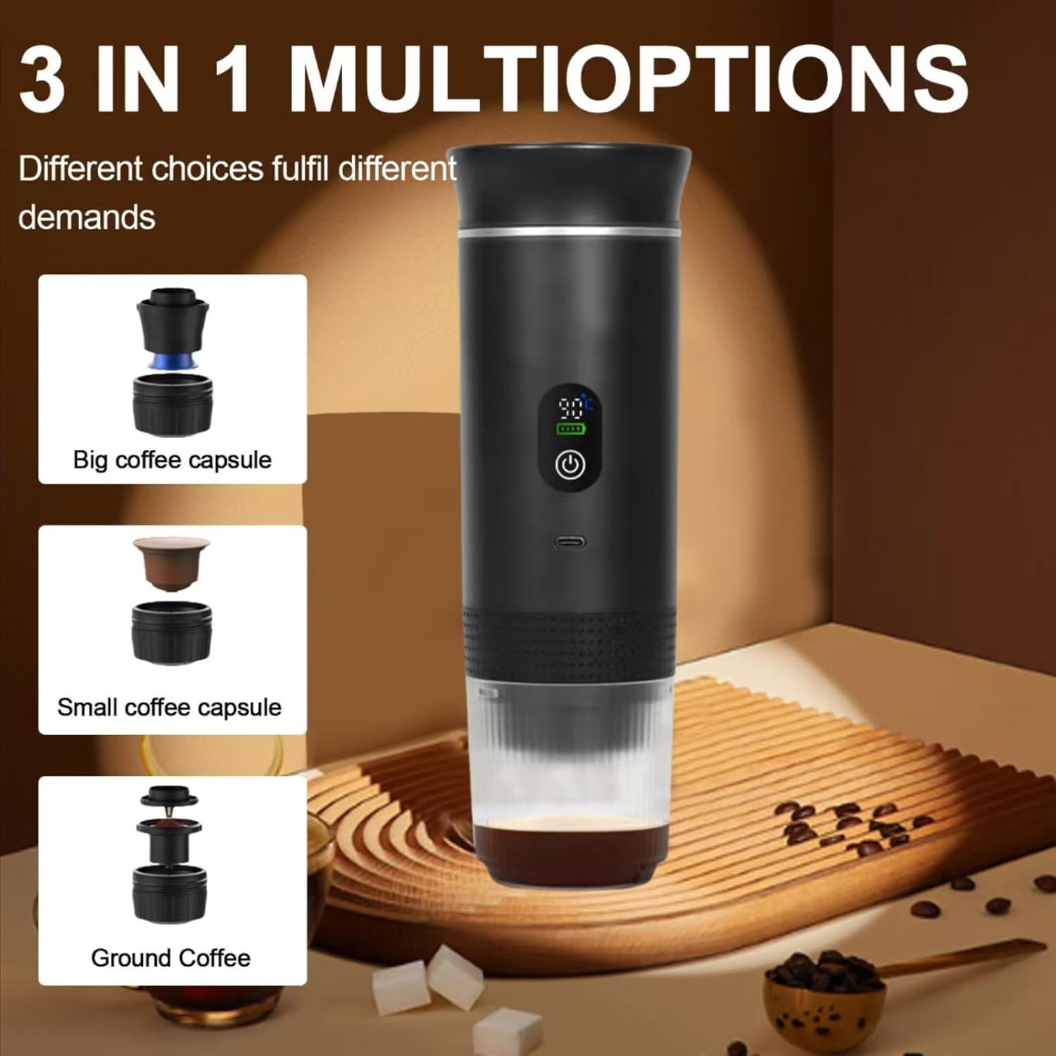 Green 3-in-1 Portable Espresso Maker with Self-Heating and One-Touch Cold Hot view 3