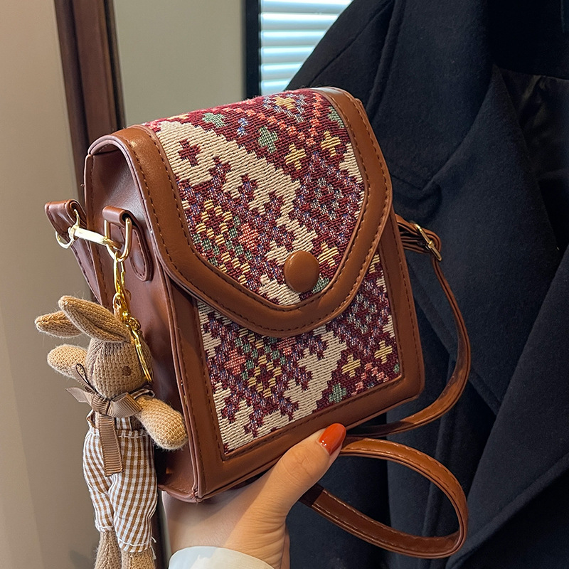 Red Boho-Chic PU Leather Crossbody Phone Purse with Cute Rabbit Pendant view 2