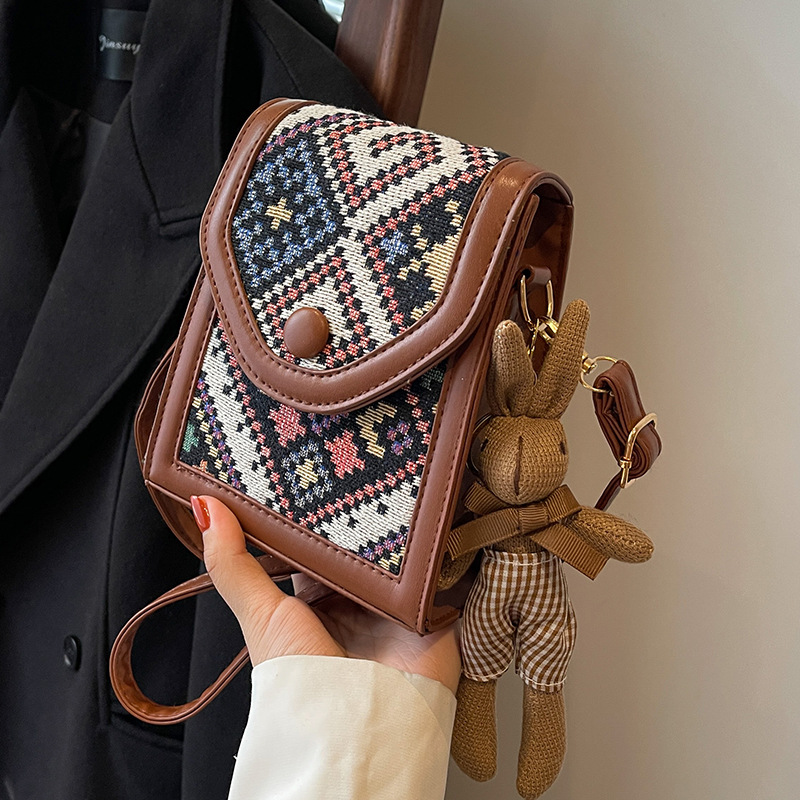 Black Boho-Chic PU Leather Crossbody Phone Purse with Cute Rabbit Pendant view 2