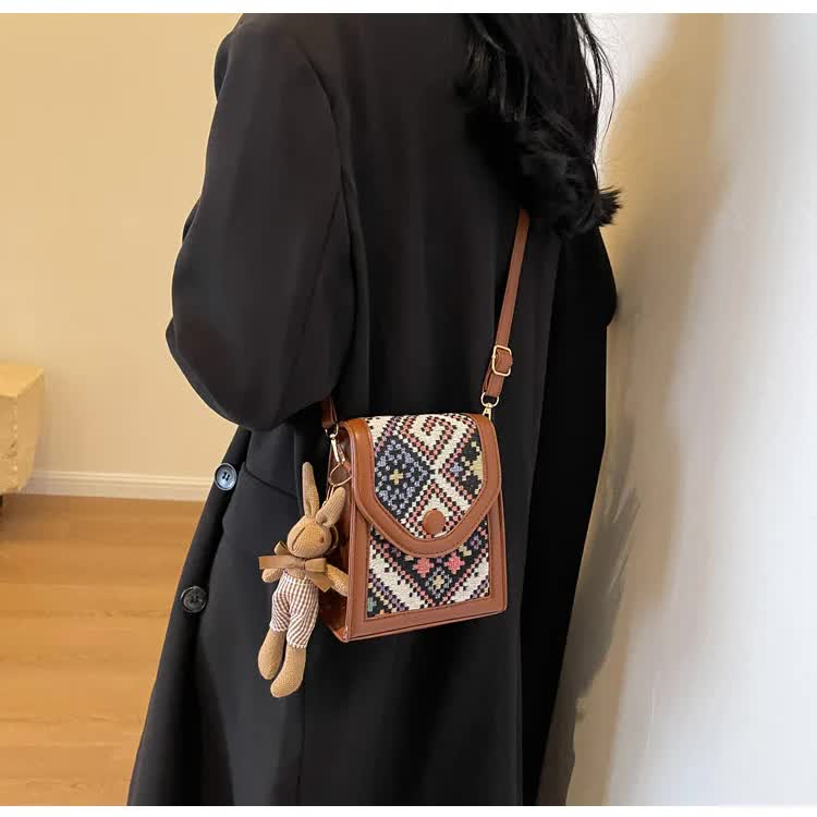 Black Boho-Chic PU Leather Crossbody Phone Purse with Cute Rabbit Pendant view 3