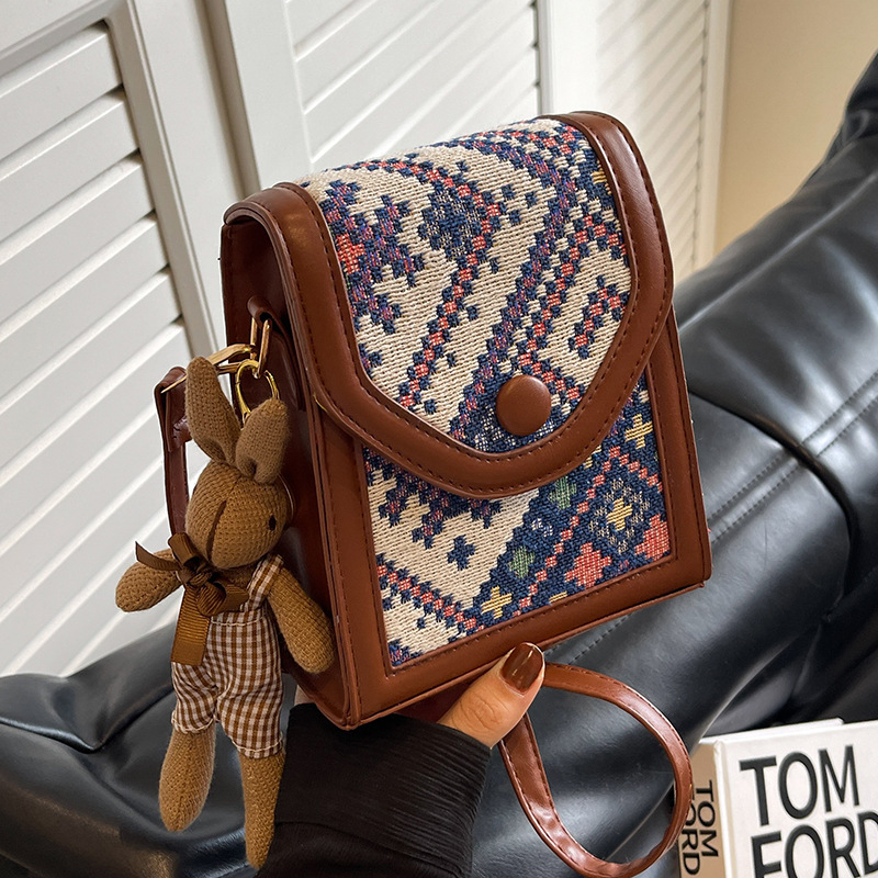Blue Boho-Chic PU Leather Crossbody Phone Purse with Cute Rabbit Pendant view 2