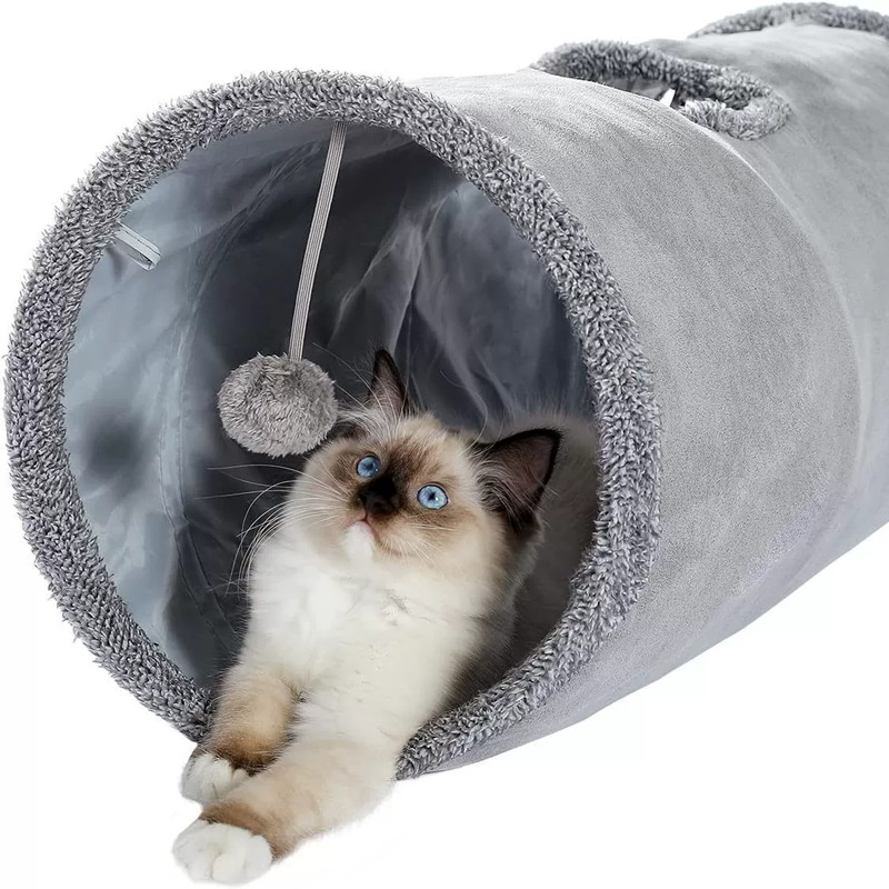 30X67CM Grey Durable Suede Foldable Cat Tunnel - Interactive Multi-Sensory