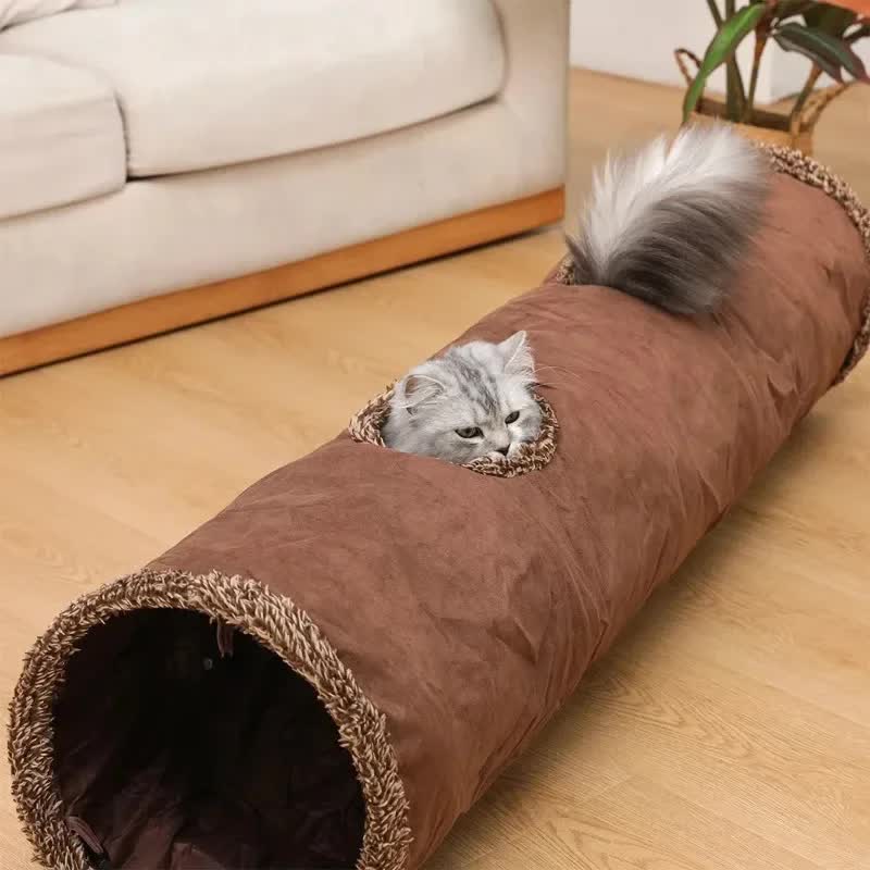 30X130CM Brown Durable Suede Foldable Cat Tunnel - Interactive Multi-Sensory
