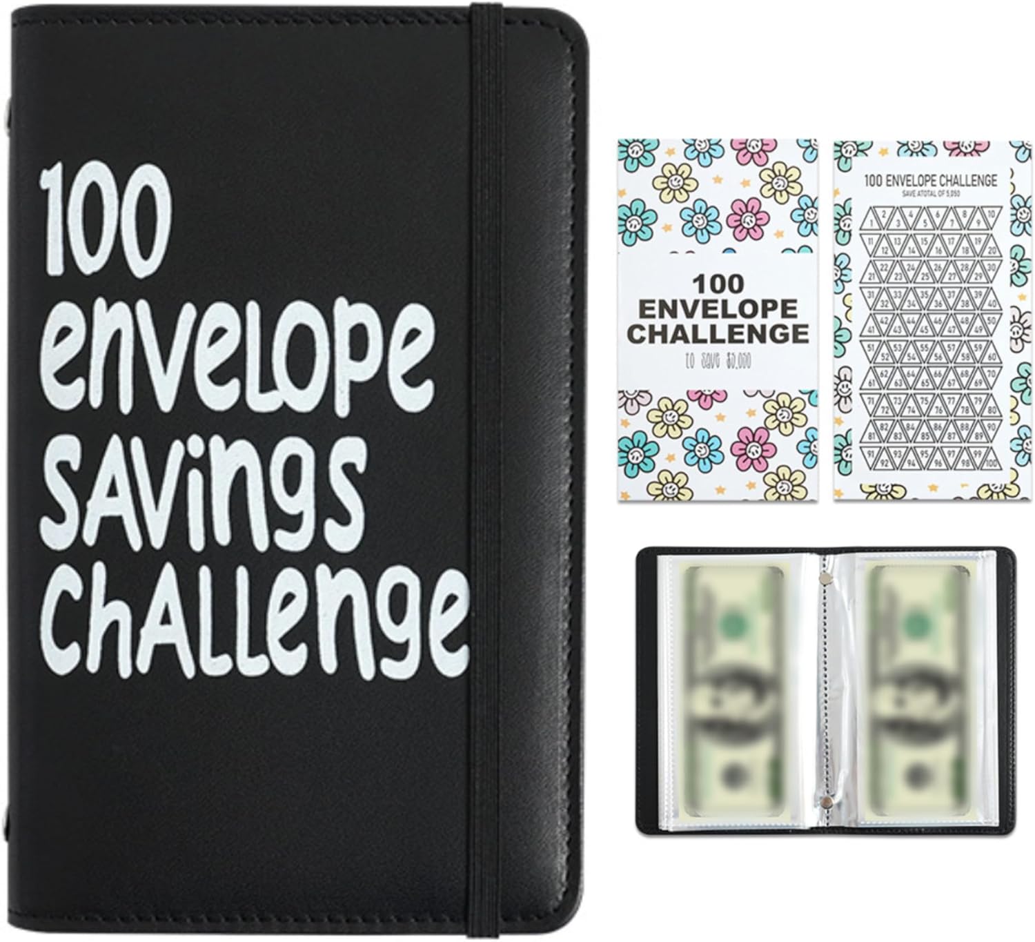 Black 100 Days Envelope Savings Challenge with 50 Clear Double-Sided Pages