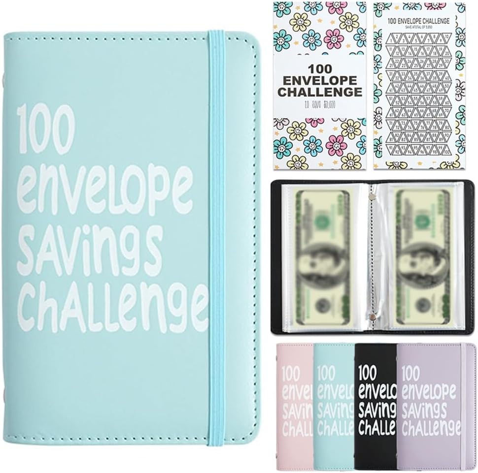 Blue 100 Days Envelope Savings Challenge with 50 Clear Double-Sided Pages