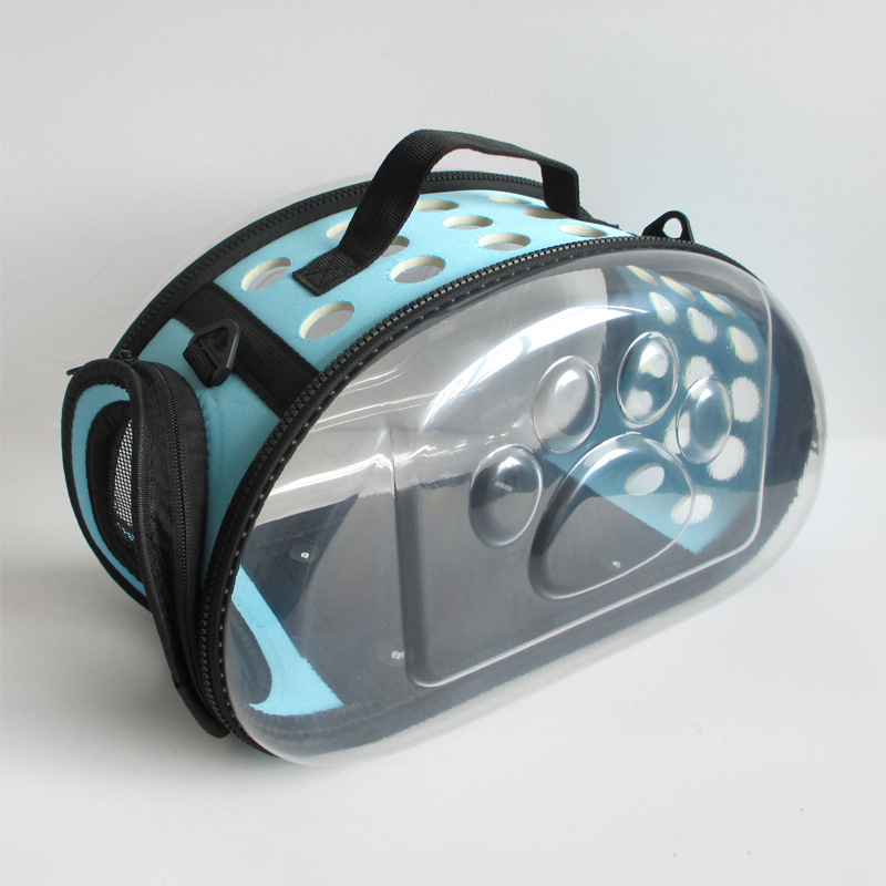 Blue Foldable Breathable Pet Carrier with Panoramic Window & Strap - EVA &