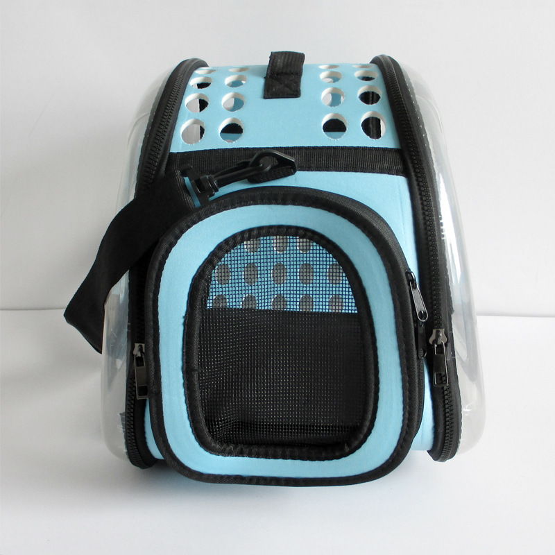 Blue Foldable Breathable Pet Carrier with Panoramic Window & Strap - EVA &