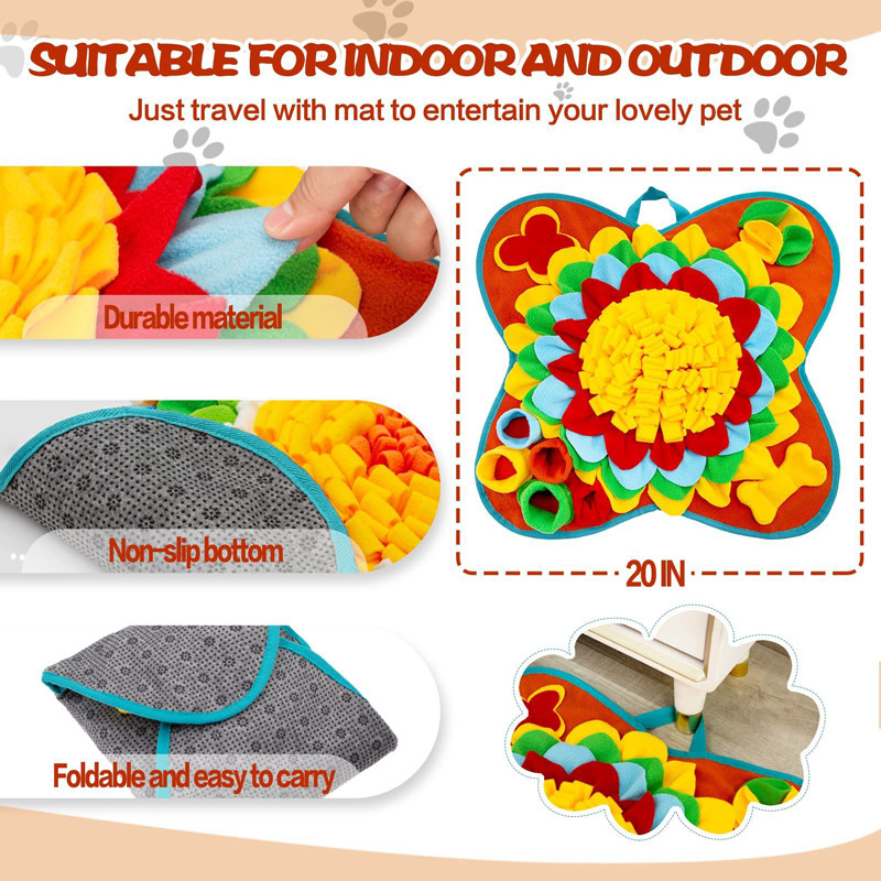 Yellow-Green 50x50CM Soft Dog Sniffing Mat with Colorful Floral & Bone - Pet view 4