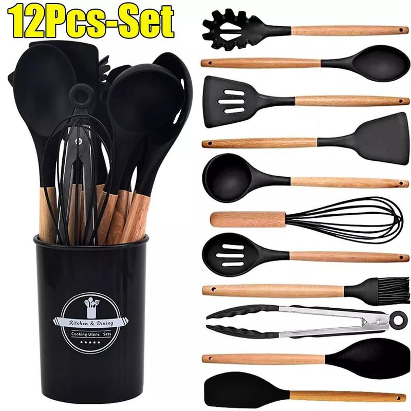12-Piece Black Heat-Resistant Silicone Cooking Utensils with Wooden Handles