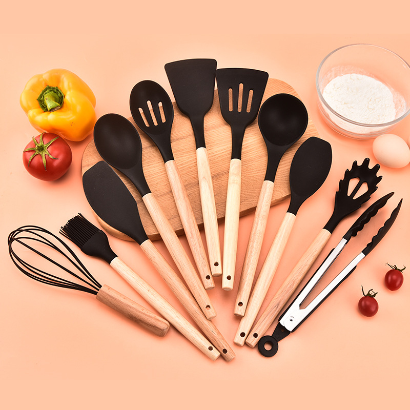 12-Piece Black Heat-Resistant Silicone Cooking Utensils with Wooden Handles view 2
