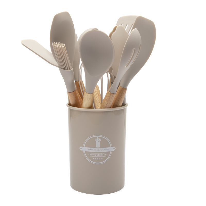12-Piece Khaki Heat-Resistant Silicone Cooking Utensils with Wooden Handles