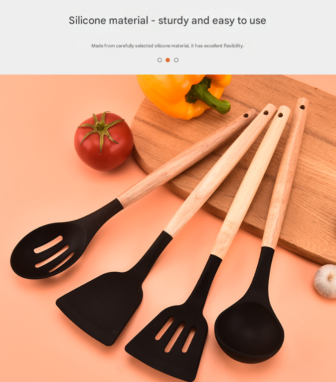 12-Piece Khaki Heat-Resistant Silicone Cooking Utensils with Wooden Handles view 2