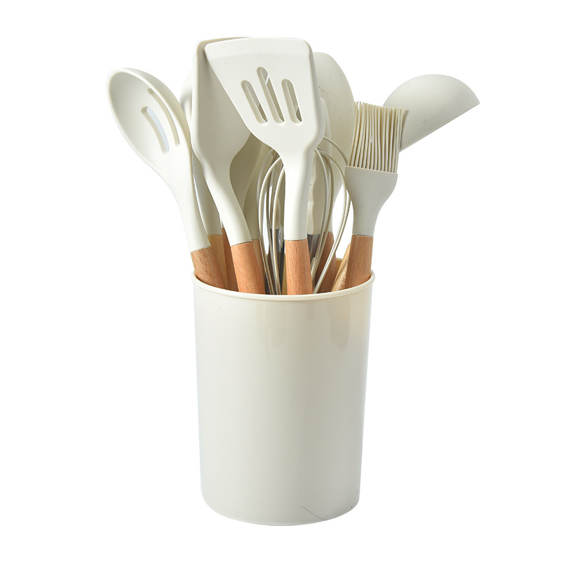 12-Piece White Heat-Resistant Silicone Cooking Utensils with Wooden Handles