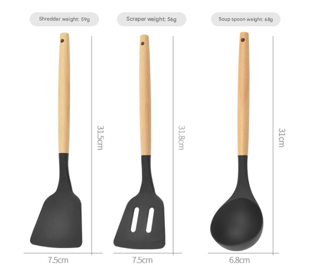 12-Piece White Heat-Resistant Silicone Cooking Utensils with Wooden Handles view 4