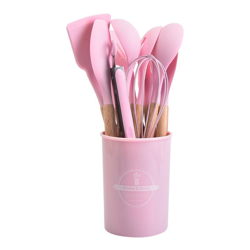 12-Piece Pink Heat-Resistant Silicone Cooking Utensils with Wooden Handles and
