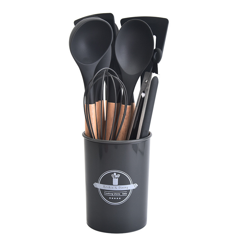 12-Piece Grey Heat-Resistant Silicone Cooking Utensils with Wooden Handles and