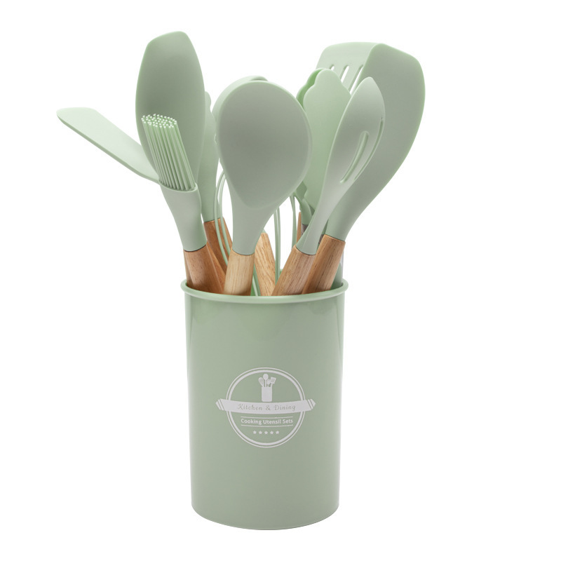 12-Piece Green Heat-Resistant Silicone Cooking Utensils with Wooden Handles