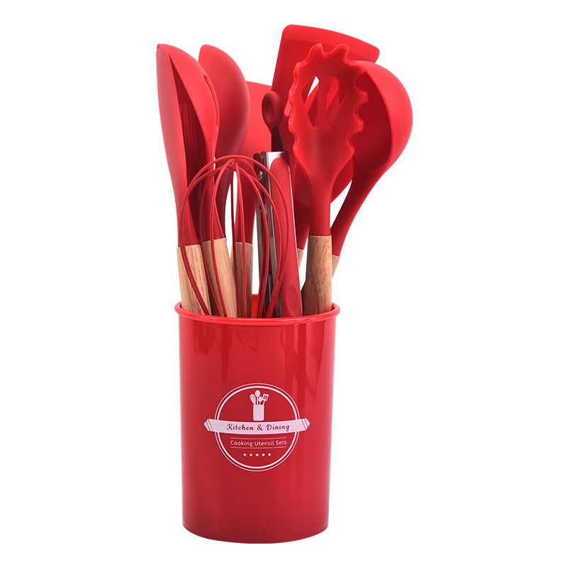 12-Piece Red Heat-Resistant Silicone Cooking Utensils with Wooden Handles and