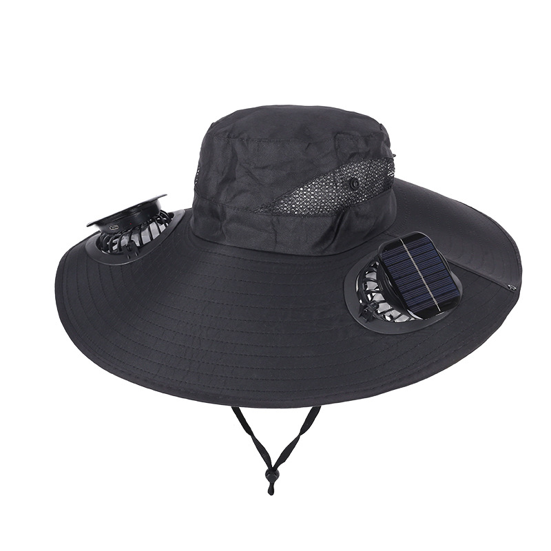 Black Dual Turbo Fan Sun Hat with Square Solar Panel & TypeC Interface