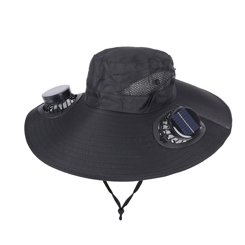 Black Dual Turbo Fan Sun Hat with Round Solar Panel & TypeC Interface