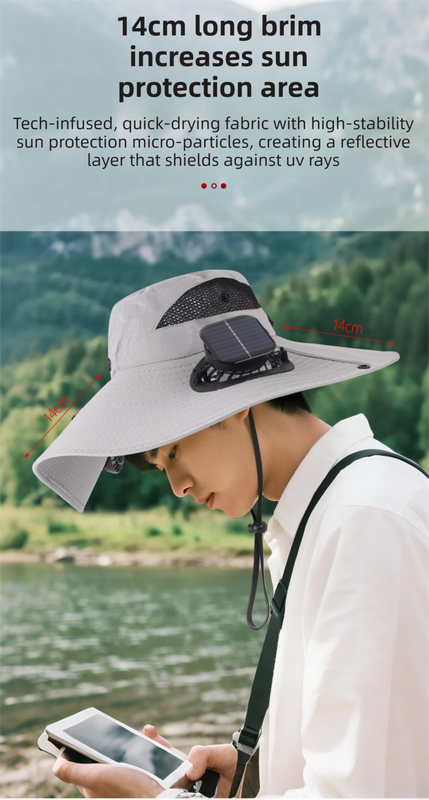 Khaki Dual Turbo Fan Sun Hat with Round Solar Panel & TypeC Interface view 7