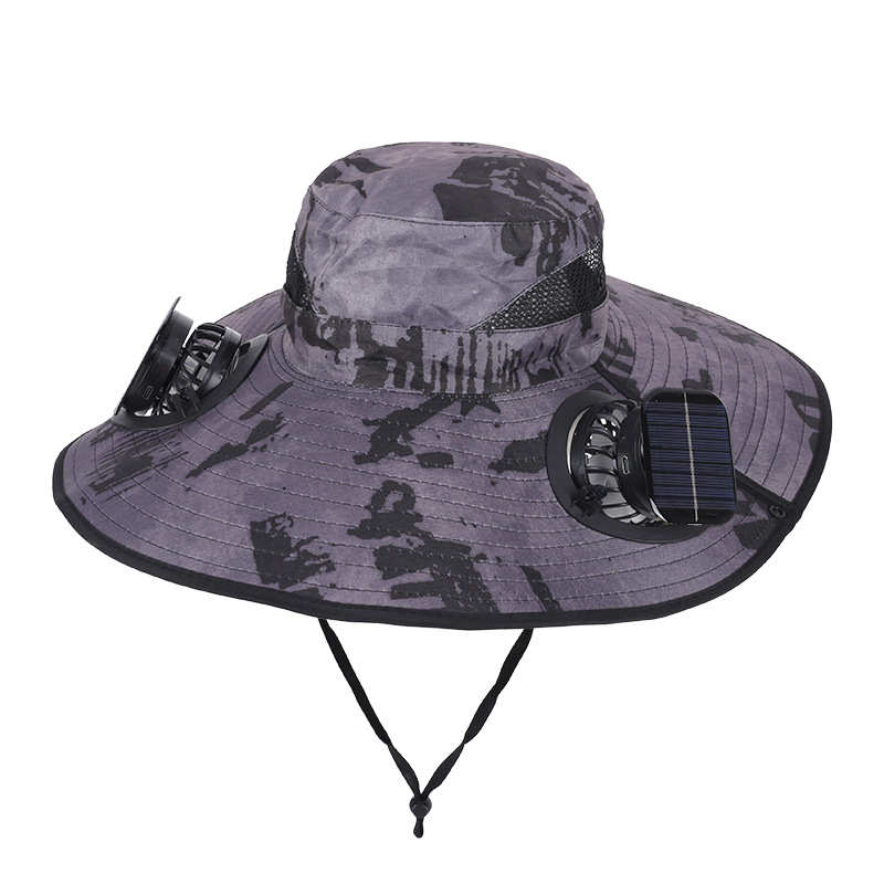 Camouflage Grey Dual Turbo Fan Sun Hat with Square Solar Panel & TypeC