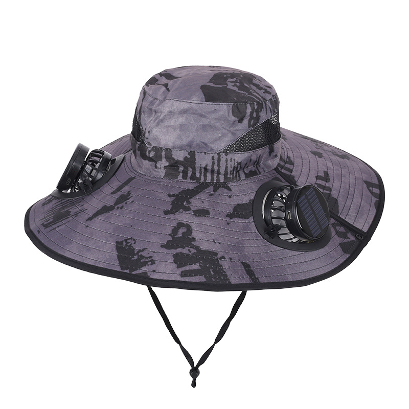 Camouflage Grey Dual Turbo Fan Sun Hat with Round Solar Panel & TypeC