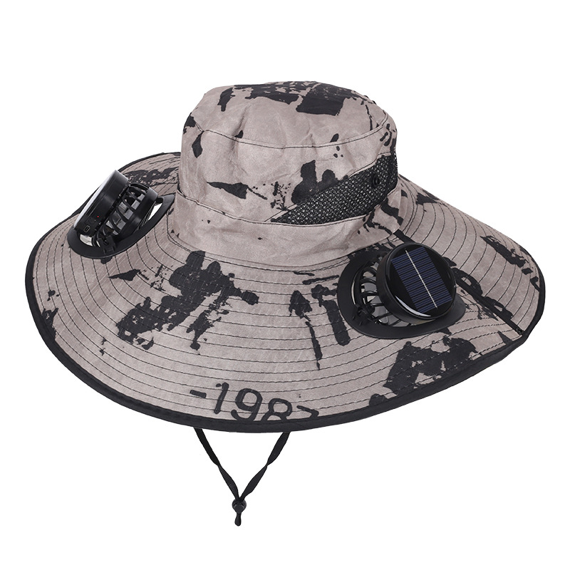 Camouflage Khaki Dual Turbo Fan Sun Hat with Round Solar Panel & TypeC