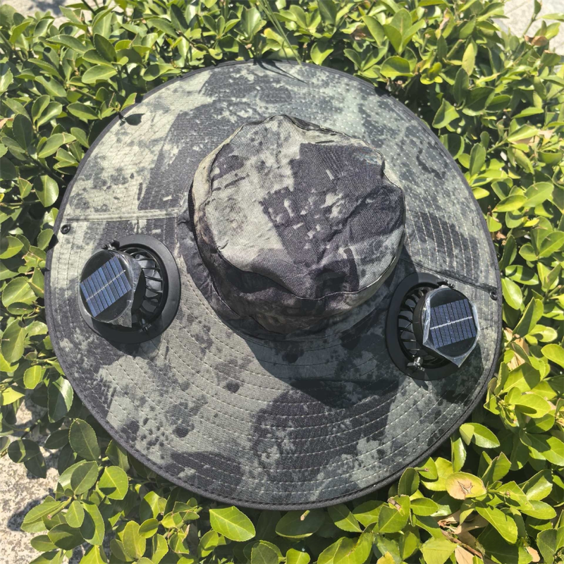 Camouflage Green Dual Turbo Fan Sun Hat with Round Solar Panel & TypeC