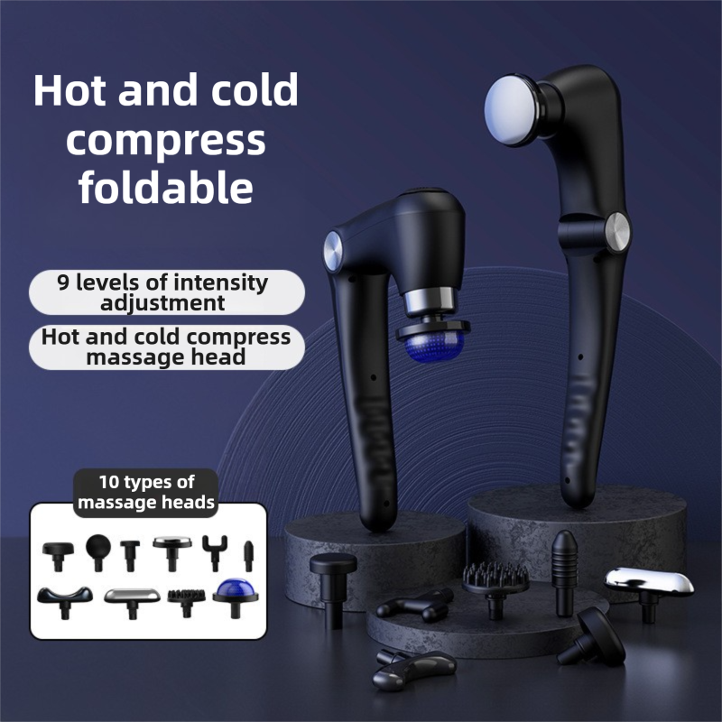 Black-Blue Foldable Percussion Massage Gun with Hot Cold Compress & 10 Heads view 2