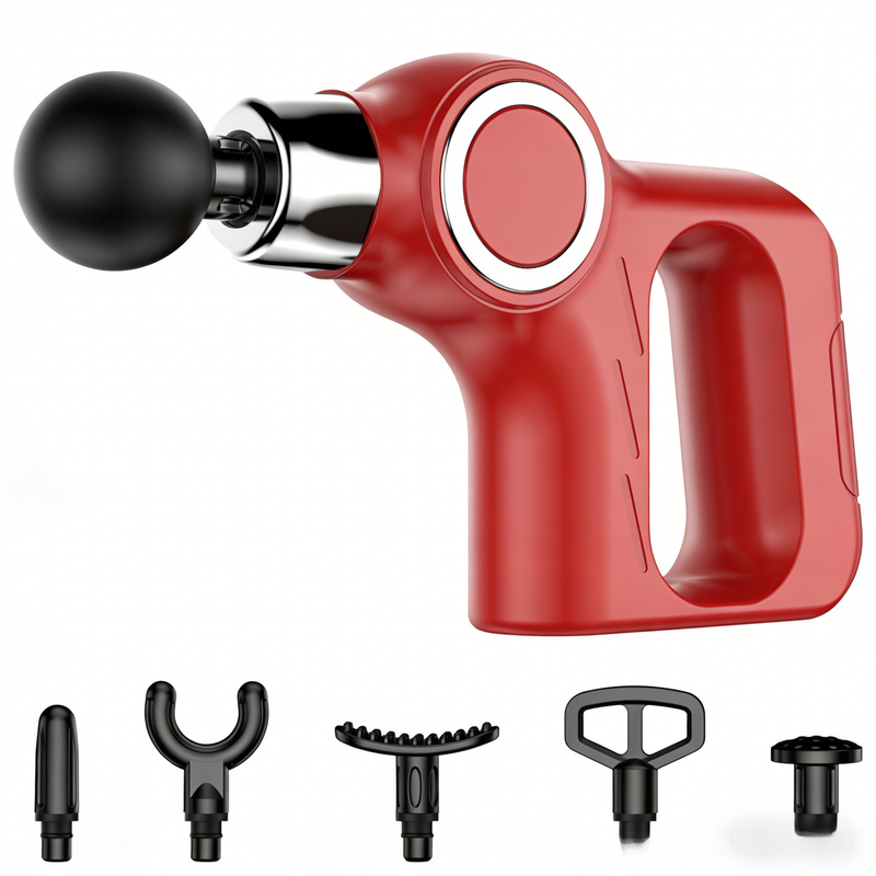 Red Portable Mini Triangle Massage Gun with 6 Heads & 6 Speed Setting - High
