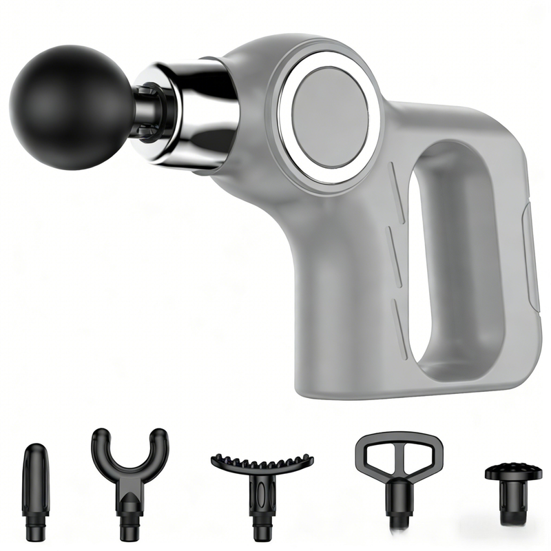 Grey Portable Mini Triangle Massage Gun with 6 Heads & 6 Speed Setting - High