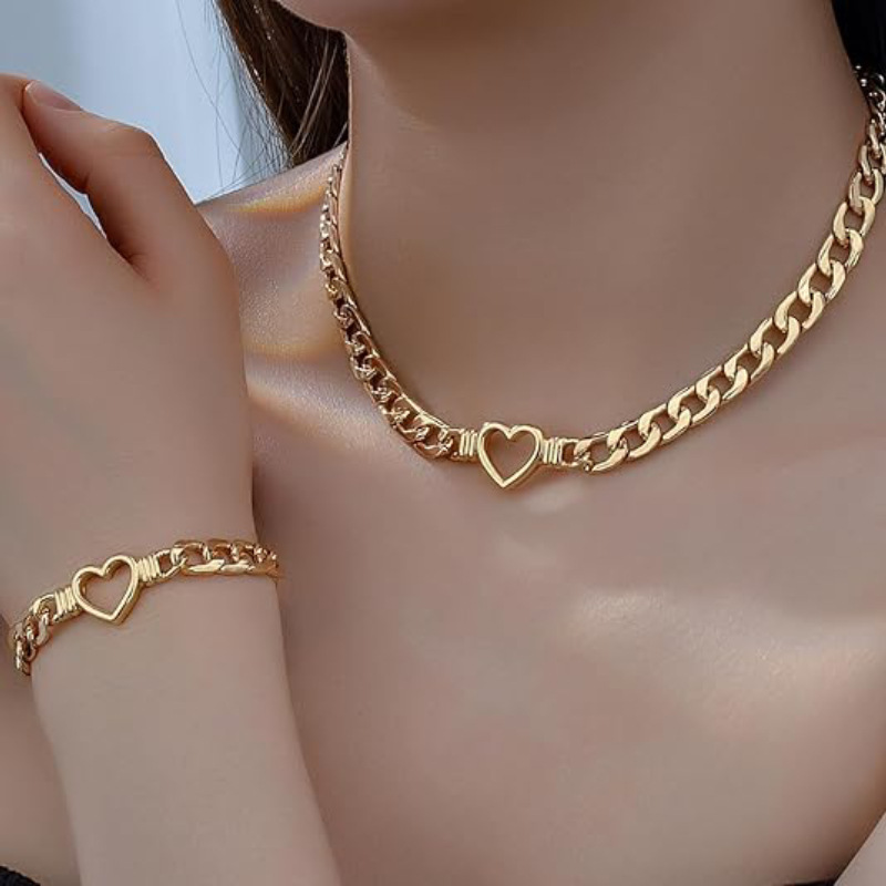 Style 1 Trendy Gold-Plated Heart Necklace & Bracelet Set - Tarnish Free Alloy