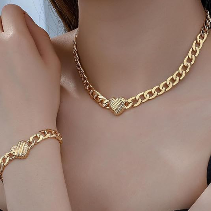 Style 2 Trendy Gold-Plated Heart Necklace & Bracelet Set - Tarnish Free Alloy