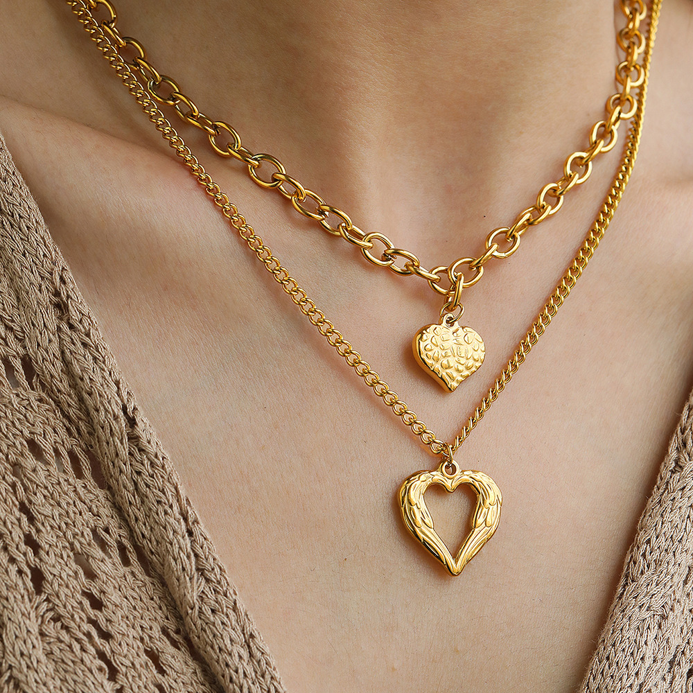 Stackable Gold-Plated Wings Heart Chokers Set - Trendy Tarnish Free Alloy
