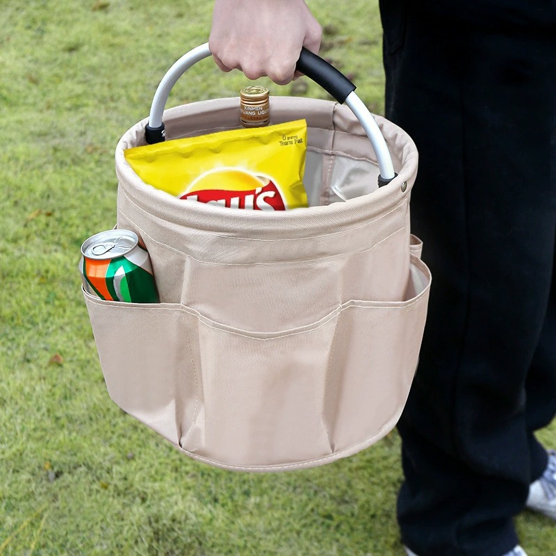 Khaki Foldable Oxford Cloth Round Picnic Basket with Padded Metal Handle - 6