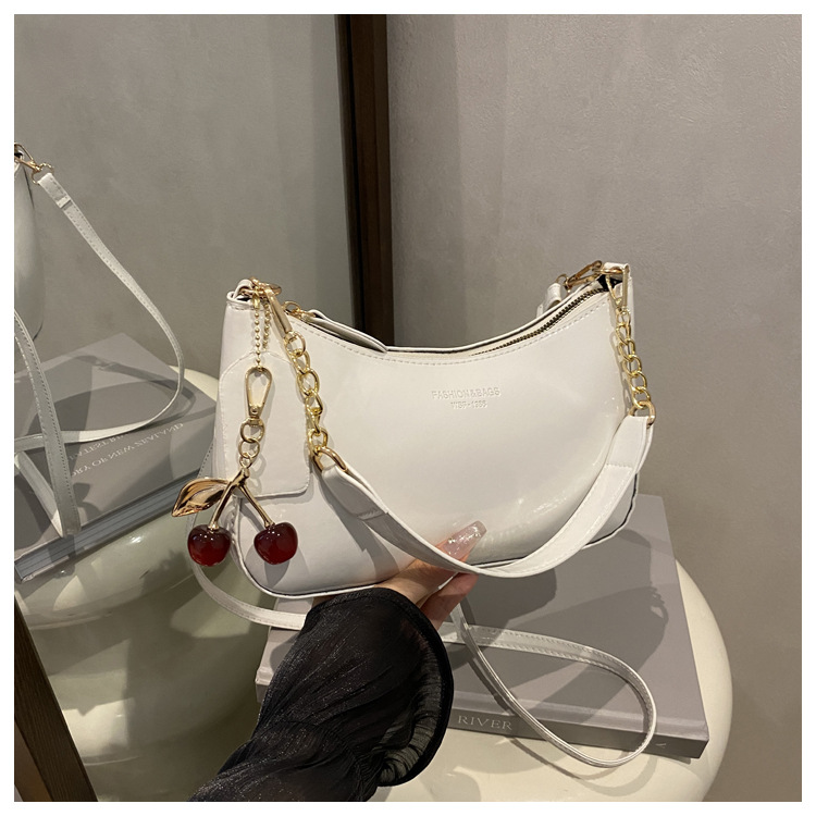 White Chic Glossy PU Leather Underarm Bag & Crossbody Purse with Cherry Charm
