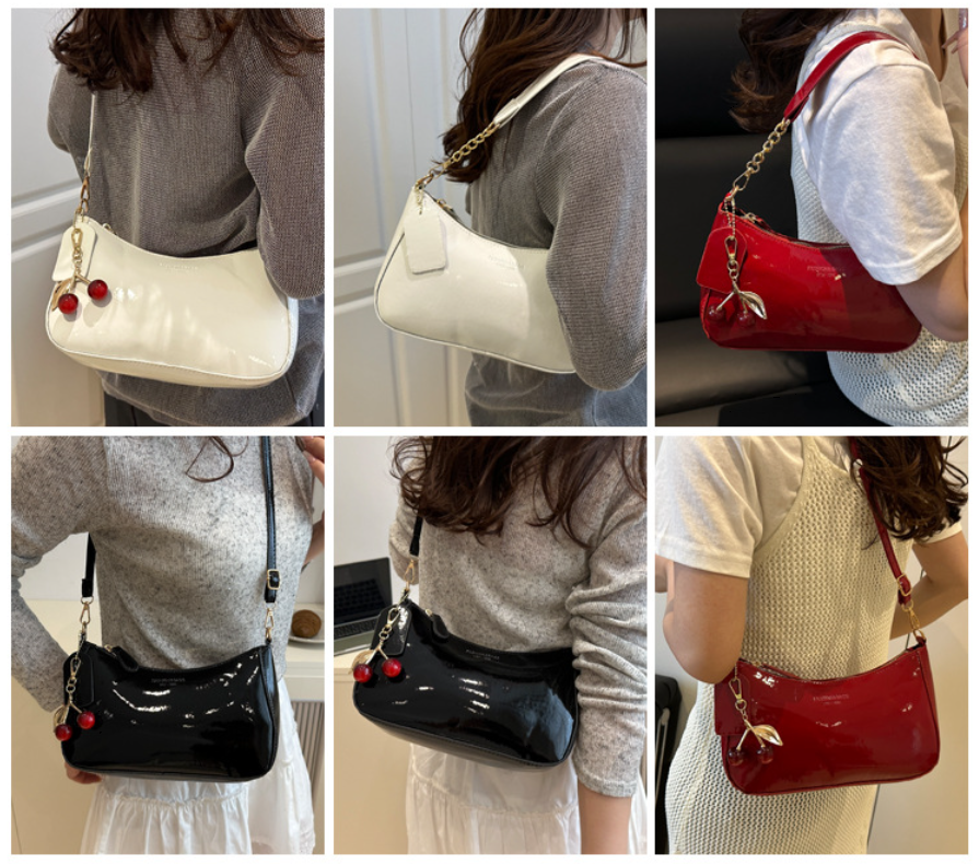 White Chic Glossy PU Leather Underarm Bag & Crossbody Purse with Cherry Charm view 4