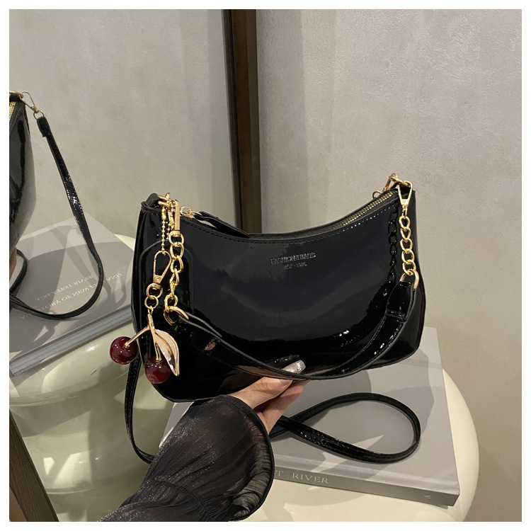 Black Chic Glossy PU Leather Underarm Bag & Crossbody Purse with Cherry Charm