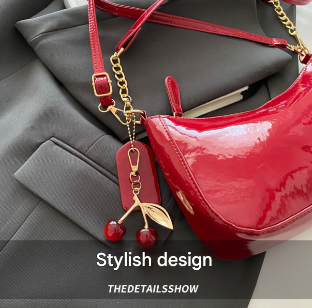Black Chic Glossy PU Leather Underarm Bag & Crossbody Purse with Cherry Charm view 2