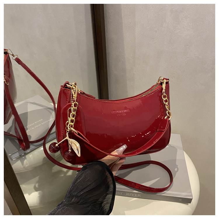 Red Chic Glossy PU Leather Underarm Bag & Crossbody Purse with Cherry Charm