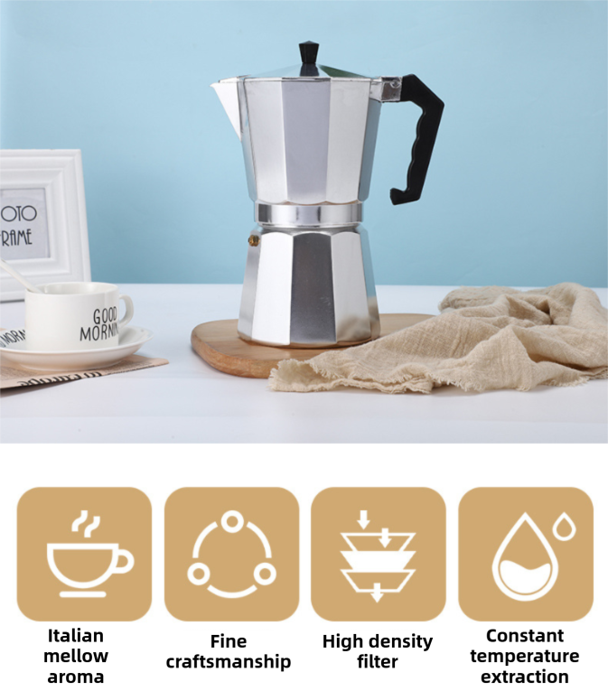 300ML Premium Octagonal High Pressure Moka Pot - Classic Italian Aluminum view 2