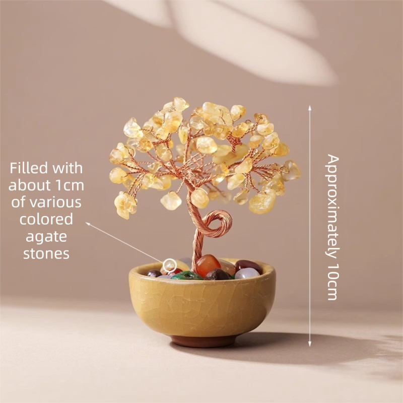 Natural Yellow Crystal Money Tree with Agate Basin & Adjustable Wire Branches