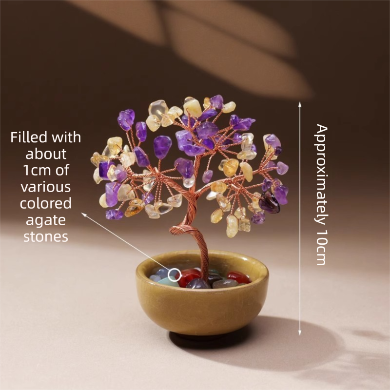 Natural Yellow-Purple Crystal Money Tree with Agate Basin & Adjustable Wire