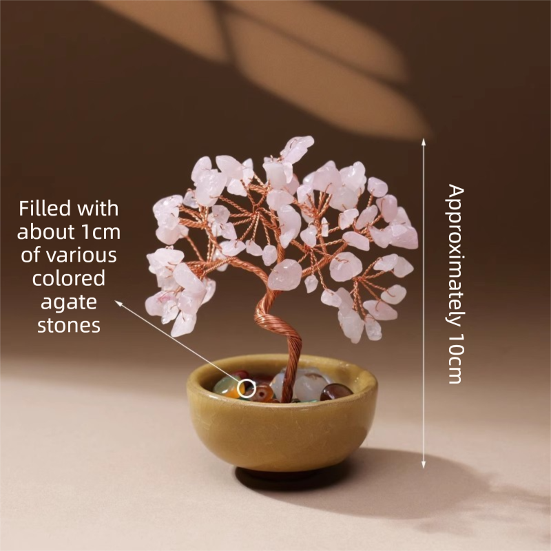 Natural Pink Crystal Money Tree with Agate Basin & Adjustable Wire Branches