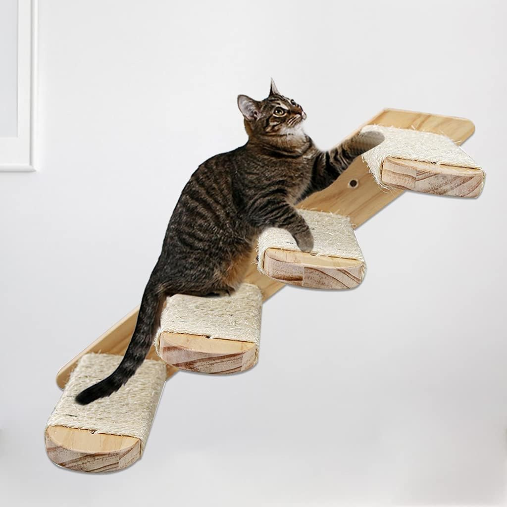 4-Tier Solid Wood Wall-Mounted Cat Climbing Ladder - Vertical Jumping Steps