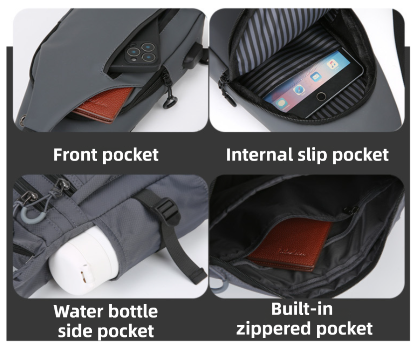 Grey Waterproof Unisex Chest Bag with USB Charging & Headphone Port - 3-Layer view 2