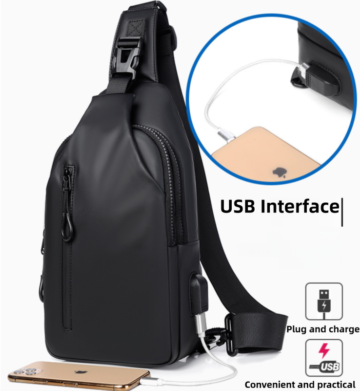 Black Water / Wrinkle-Resistant Nylon Men's Tactical Chest Bag with USB view 2