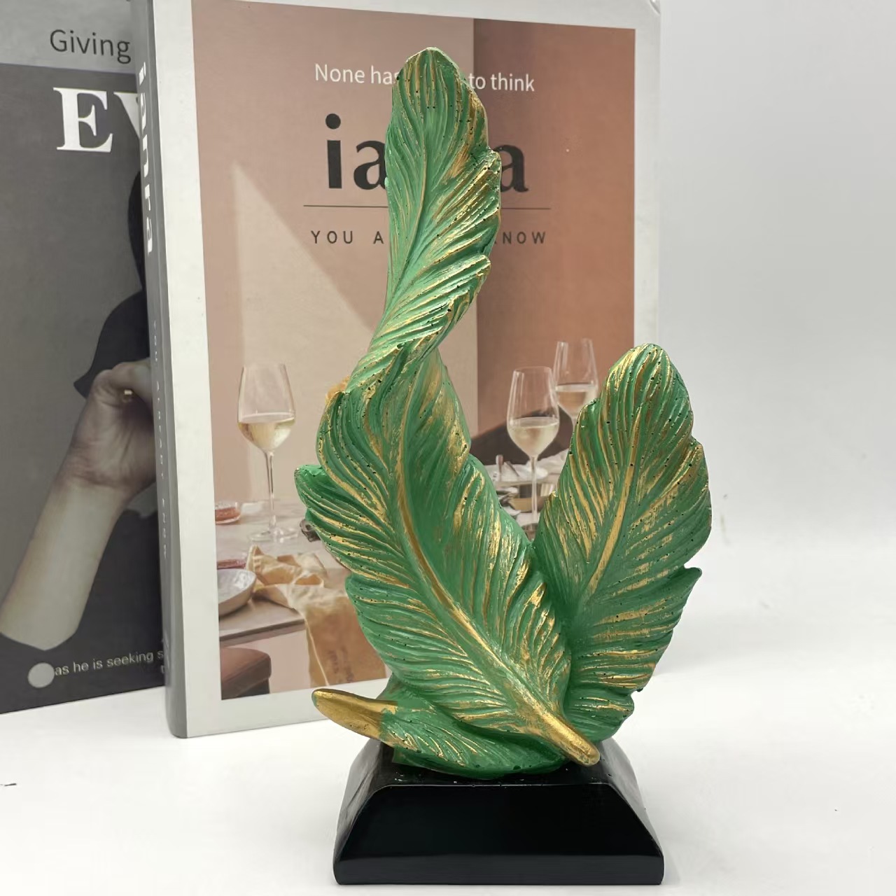Green Luxury Artistic Resin Dual Feather Sculpture - Elegant Minimalist Home